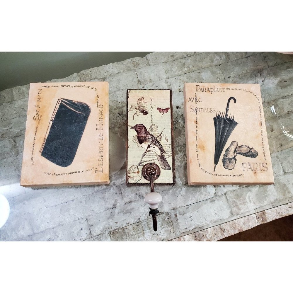 3 Piece Vintage French Bathroom Decor Set  - 2 French Pictures and 1 Hook